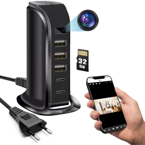 Mini Wi-Fi Kamera iUni IP91, Full HD, 32GB, Töltőállomás, 2 db C Típusú Port, 3 db USB-A Port, 20W