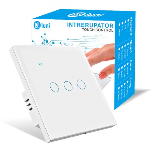 Intelligens érintőkapcsoló, WiFi, Biztonsági üveg, iUni 3G, 10A, Hangvezérlés, Smart Life / Tuya, LED