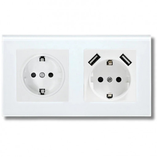 Dupla aljzat edzett üvegkerettel, 2 USB-A porttal, iUni US2, 16A