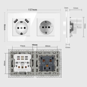 Dupla aljzat edzett üvegkerettel, 2 USB-A porttal, iUni US2, 16A - Img 9