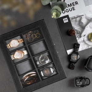 iUni Óraforgató Doboz 2db Órához + 8 Tárolóhely, Watch Winder, Eco Bőr, Fekete-Szürke - Img 7