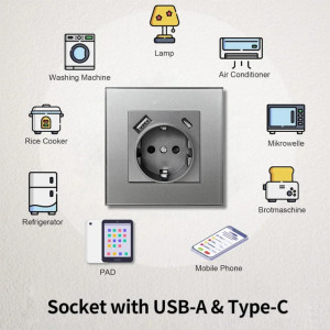 Üvegkeretes, biztonságos aljzat, USB-A és USB-C portok, iUni UC1, 16A, ezüst - Img 6
