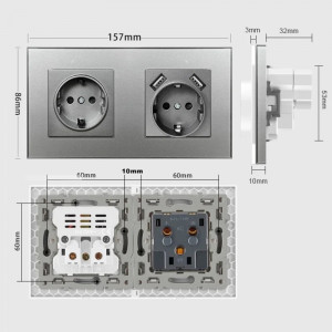 Dupla aljzat biztonságos üvegkerettel, 2 USB-A porttal, iUni US2, 16A, Ezüst - Img 8