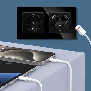 Dupla aljzat biztonságos üvegkerettel, 2 USB-A porttal, iUni US2, 16A, Fekete - Img 3