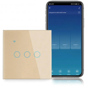 Intelligens érintőkapcsoló, WiFi, Biztonsági üveg, iUni 3G, 10A, Hangvezérlés, Smart Life / Tuya, LED, Arany - Img 2
