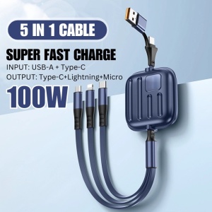 iUni B23 behúzható 5 az 1-ben gyorstöltő kábel, 100W, gyorstöltés, 120 cm, USB-A/USB-C – Micro-USB, Lightning, Type-C, iPhone, Samsung, Huawei, Xiaomi, Airpods, MacBook - Img 2