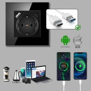 Üvegkeretes, biztonságos csatlakozó, USB-A és USB-C portok, iUni UC1, 16A, Fekete - Img 4