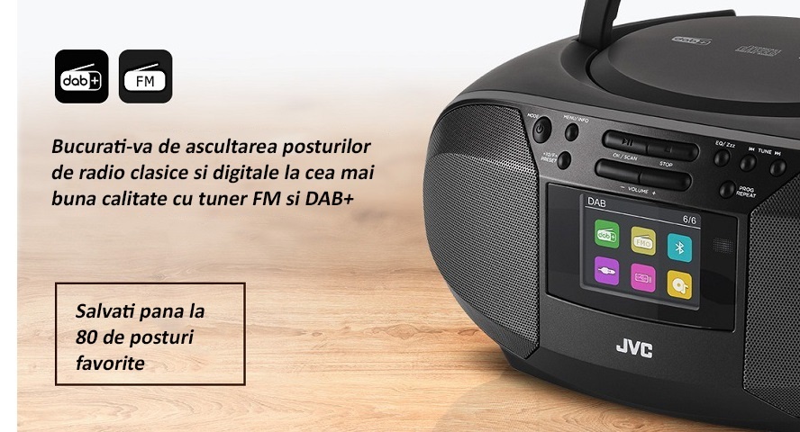 Radio cu CD JVC RD-E664B-DAB, 2x2.5W RMS, Bluetooth, USB, afisaj LCD ...