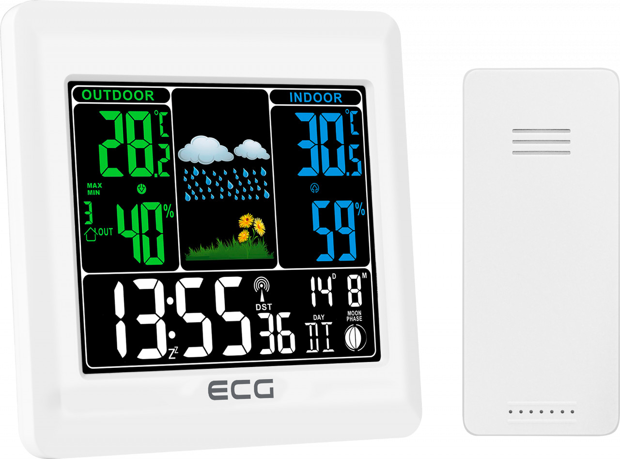 تيار كيف للتلوث  Statie meteo interior-exterior ECG MS 300 White, senzor extern fara fir,  LCD color, ceas, alarma