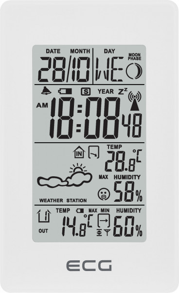 RESIGILAT - Statie meteo interior-exterior ECG MS 100 White, senzor extern fara fir, LCD, ceas, alarma
