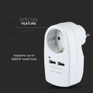 ADAPTOR PRIZA 16A 3680W + 2USB 2.1A, ALB - Img 6