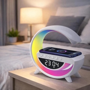 Radio FM cu Incarcator Wireless pentru telefon, LED RGB, Bluetooth, USB, TF card, AUX, Alb - Img 3