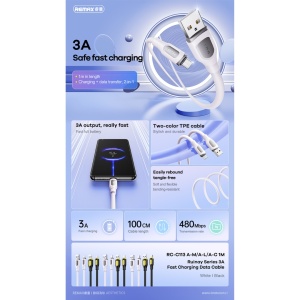 Cablu de date cu incarcare rapida REMAX RC-C113, 3A, USB-A la USB-C, 1 metru, alb - Img 3