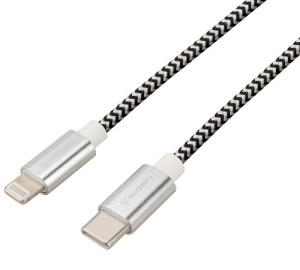 Cablu de incarcare si transfer de date GoGEN USB-C / Lightning, 2 metri, impletitura textila, argintiu