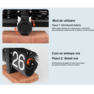 Ceas de birou retro flip automat, design vintage, baza din lemn de nuc, silentios, afisaj mare, decor elegant pentru casa si birou - Img 4
