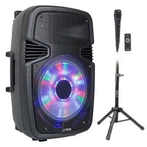BOXA ACTIVA 15"/38CM ILUMINAT LED CU BT/USB/SD/FM + STAND + MICROFON