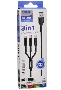 Cablu de date cu incarcare 3 in 1 REMAX RC-186TH, USB - Lightning/ Tip C/ Micro USB 3, 1 A, 1.2 m, negru - Img 3