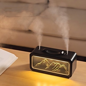Umidificator de aer si difuzor de aroma, design Snow Mountain, 600ml, dubla pulverizare, iluminare ambientala LED, silentios, negru