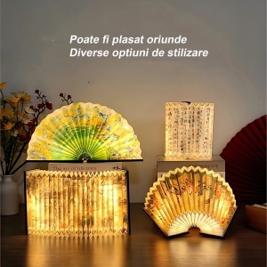 Lampa decorativa pliabila tip carte, Bluetooth, iluminare LED, acumulator 1800 mAh, card, telecomanda, design din lemn si hartie Dupont - Img 7