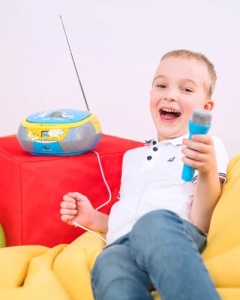 Radio CD pentru copii GoGEN BOB AND BOBEK, 2 x 0,8 W, Bluetooth, karaoke, microfon, MP 3, USB, AUX in, albastru - Img 7