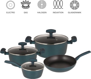 Set vase de gatit Michelino, 7 piese, aluminiu forjat, acoperire antiaderenta, turcoaz - Img 4