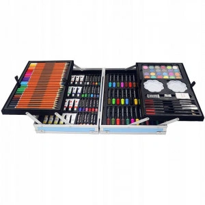 Set 145 piese pentru pictura, pentru copii sau adulti, pixuri de colorat, creioane colorate si vopsele de pictura, cu geanta de transport, ALBASTRU DINOZAUR