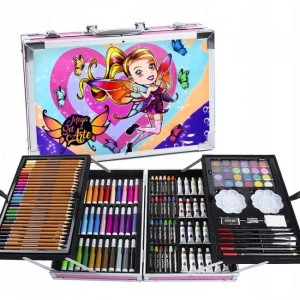 Set 145 piese pentru pictura, pentru copii sau adulti, pixuri de colorat, creioane colorate si vopsele de pictura, cu geanta de transport ROZ FLYING GIRL