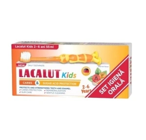 Pachet promo: Pasta de dinti Lacalut Kids 2-6 ani protectie anticarie si zaharuri, 55 ml + periuta