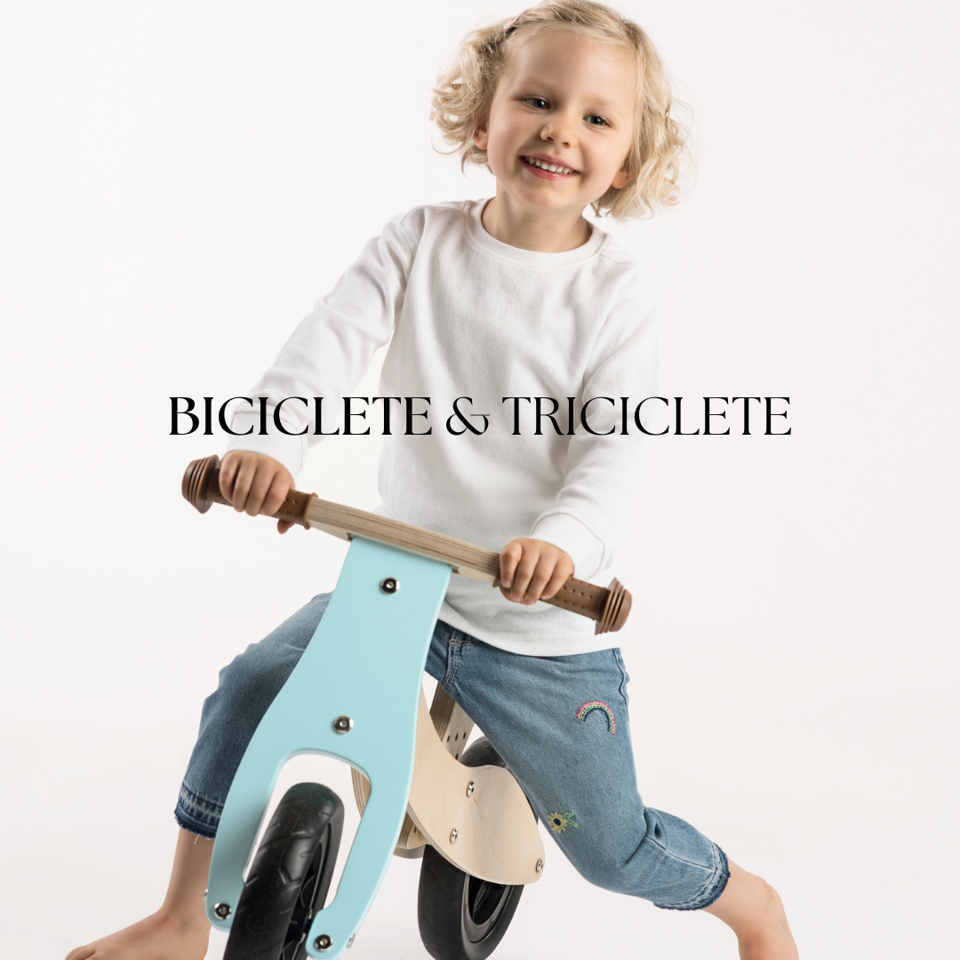 Biciclete de echilibru și triciclete din lemn – produse durabile care încurajează mișcarea, dezvoltarea abilităților motorii și distracția în aer liber pentru copii.