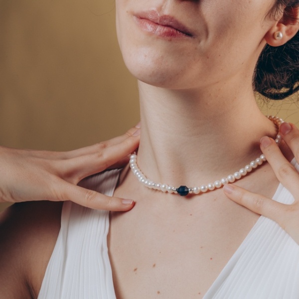 Colier Elegant cu Perle, Argint și Piatră Semiprețioasă Albastră – Lungime Personalizabilă
