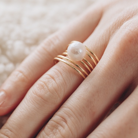925 Sterling Silber vergoldeter verstellbarer Ring mit weißer Perle, freie Größe, glänzend - Img 3
