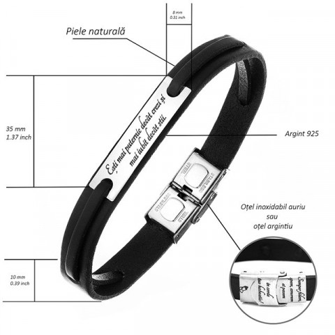 Brățară Bărbați din Piele și Argint 925 – Cadou Personalizat cu Mesaj Lung Gravabil | Elegance - Img 8