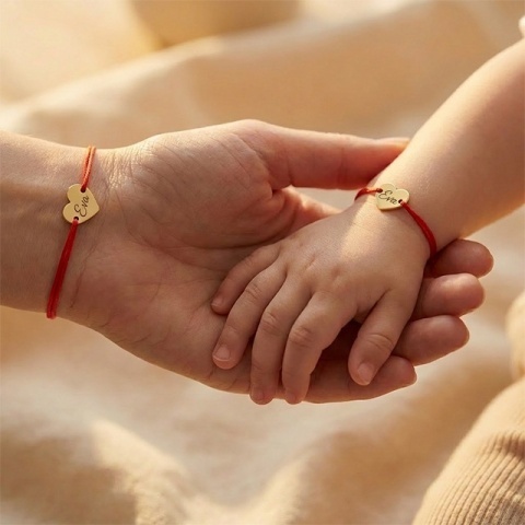bratari aur 14k mama copil cu inimioara si nume Eva pe snur rosu set Evana