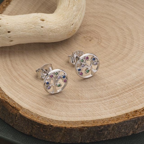 Cercei din Argint 925 – Tree of Life cu Zirconii Multicolore - Img 3