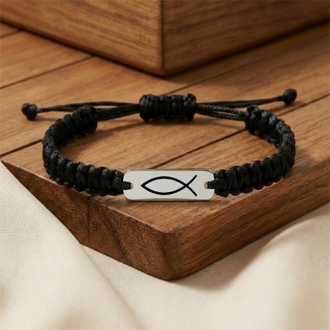 Peștele creștin (Ichthys) – brățară din argint 925 pe șnur, personalizabilă - Img 2