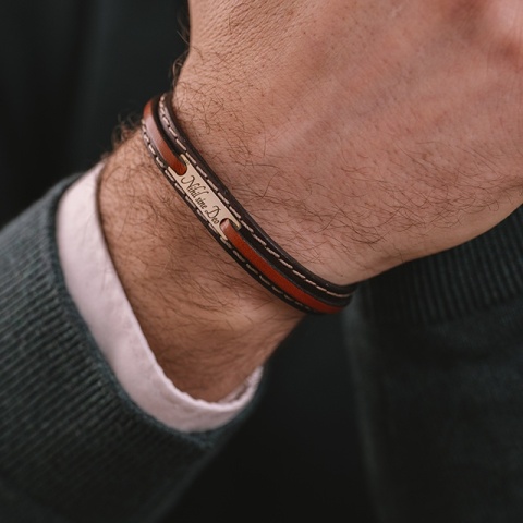 Brățară Aur 14K Bărbați Personalizată – Piele Naturală | Evana