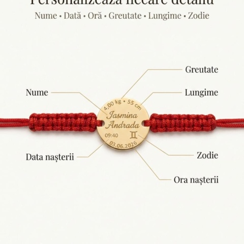 detaliu, bratara cu snur rosu pentr bebelusi