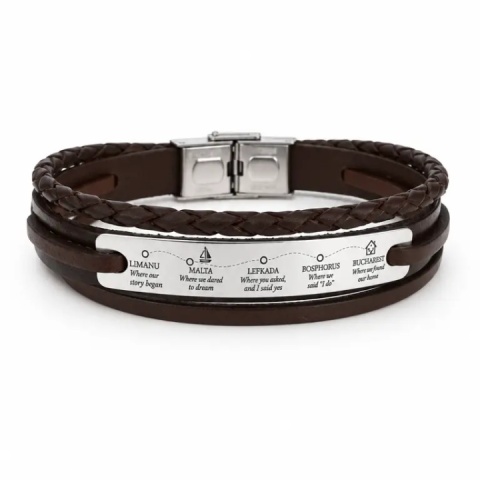 Brățară Bărbați din Piele Multistrat și Argint 925 – Plăcuță 50 mm, Gravură Personalizată - Img 3