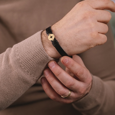 Brățară Bărbați Piele cu Busolă Aur 14K Personalizată – Model Roza Vânturilor - Img 9