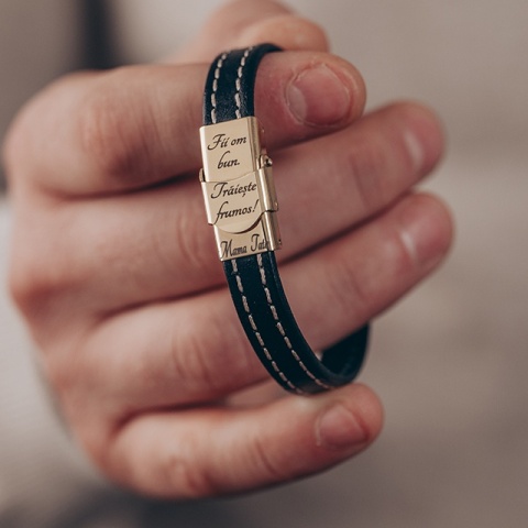 Brățară Bărbați Piele Cusută cu Cruce Aur 14K Personalizată – Model Spiritualitate Retro - Img 2