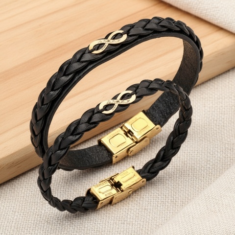 Set Brățări de Cuplu Piele & Simbol Infinit Aur 14K (Personalizat)