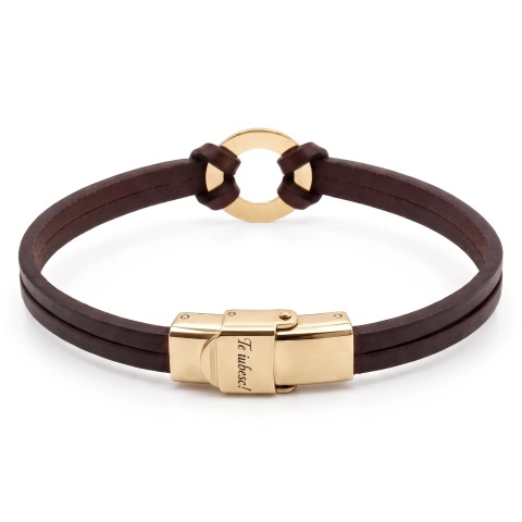 Brățară personalizată bărbați din piele cu disc aur 14K de 19 mm