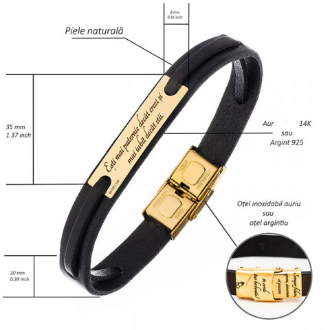 Brățară Bărbați din Piele și Aur 14K – Cadou Personalizat cu Mesaj Lung Gravabil - Img 8