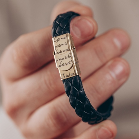 Brățară Bărbați Piele cu Cruce Aur 14K Personalizată – Rugăciunea Tatăl Nostru - Img 2