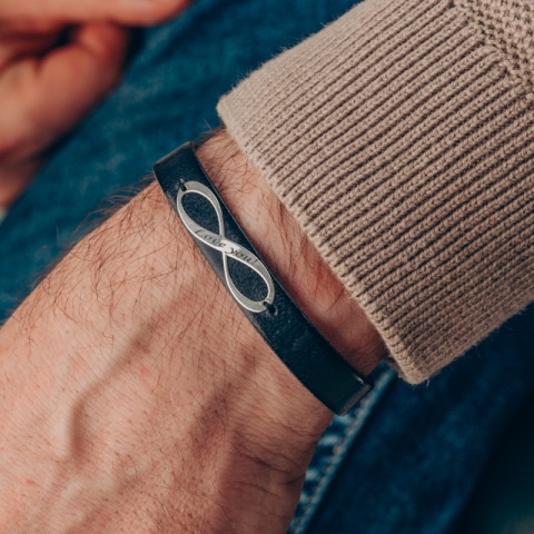 Brățară Bărbați Piele cu Infinit din Argint 925 Personalizată – Model Infinit