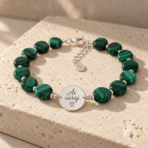 Brățară personalizată cu malachit verde și bănuț argint 15 mm