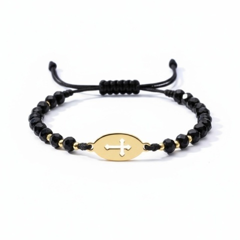 Brățară cu șnur și element oval din aur 14K cu cruce decupată și cristale negre – Bijuterie elegantă Evana - Img 2