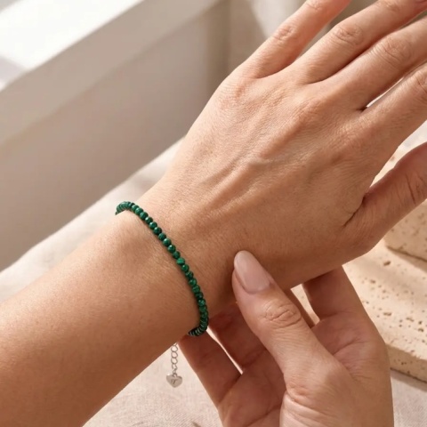 Brățară Damă cu Malachit Natural și Inimă din Argint 925 – Personalizată cu Inițială