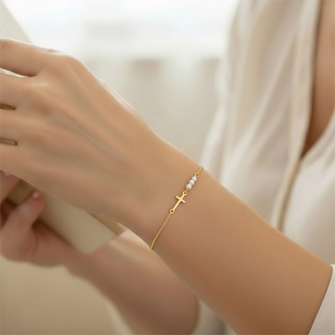 Brățară din Argint 925 cu Cruce 6×16 mm și Perle de Cultură - Img 2