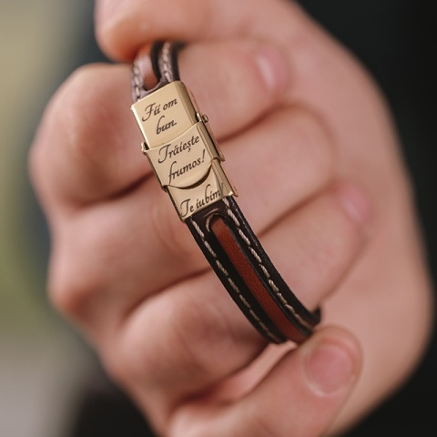 Demn-Retro Leder &amp; 14K Gold Personalisiertes Demn-Retro Armband (Edelstahlschließe) - Img 2